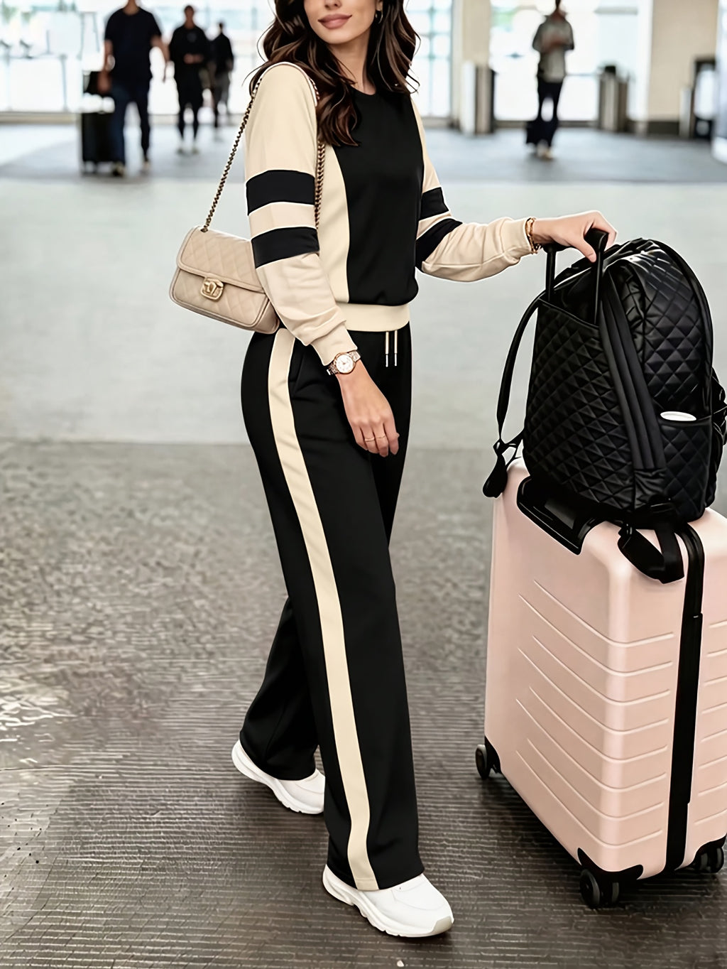 Women'S Fashion Casual Color Block Pants Set for Spring and Autumn - Black