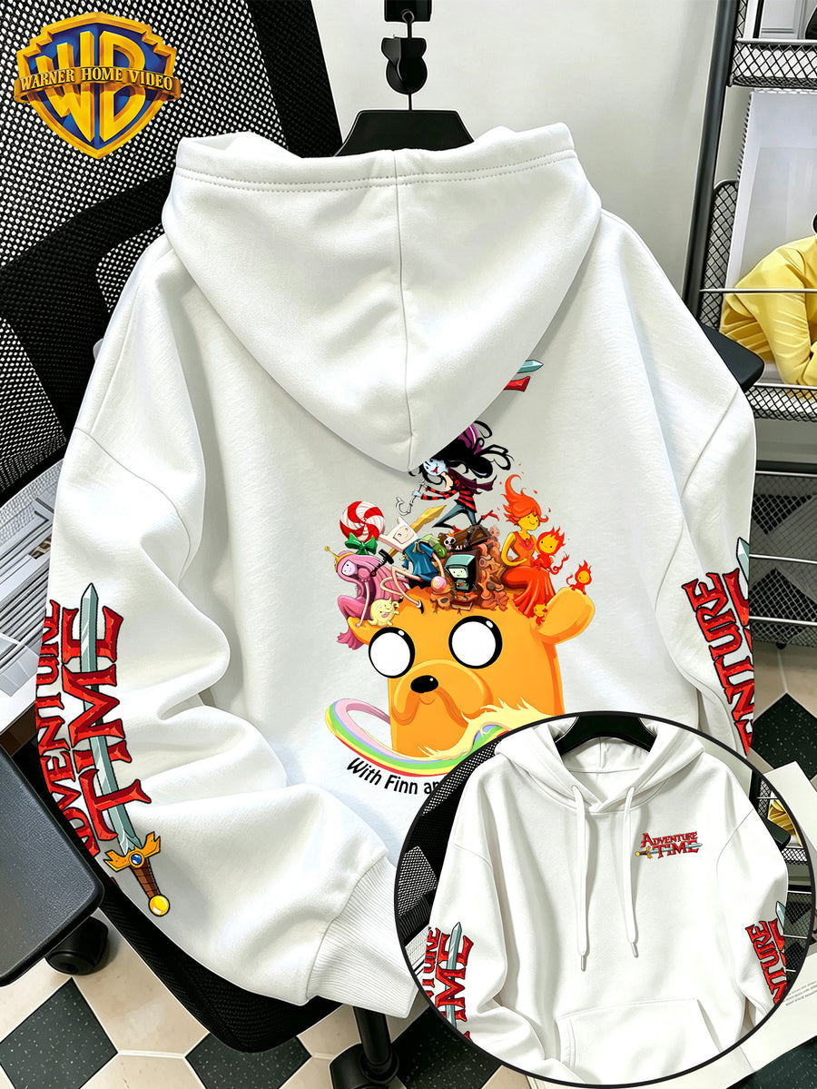 Warner Bros. Men's New Trendy Hoodie with Adventure Time Jake's Head Crowd Cartoon Graphic Print, Casual Hooded Sweatshirt, Daily Drawstring Loose Pullover Top, Machine Washable Versatile Sporty Casual Men's Top - White