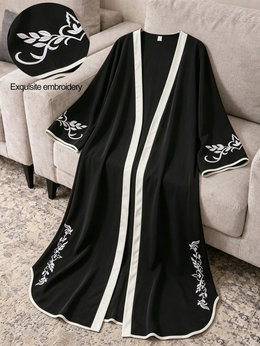 Middle Eastern Women'S Elegant Long Dress Black Embroidered Cape Robe - Black