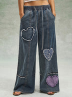 Vintage Distressed Heart Patch Denim Pants with Elastic Drawstring Waist, Raw-hem Patchwork, Wide-leg Versatile Casual Trousers - Medium Blue