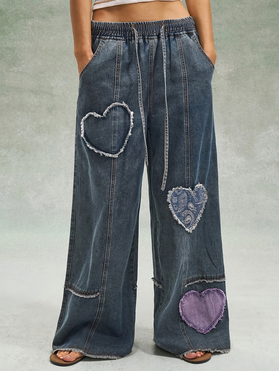 Vintage Distressed Heart Patch Denim Pants with Elastic Drawstring Waist, Raw-hem Patchwork, Wide-leg Versatile Casual Trousers - Medium Blue
