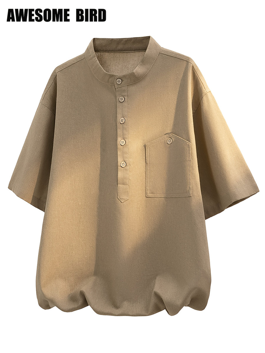 2026 Summer New Linen Short Sleeve Shirt Men'S Semi-High Neck Stand Collar Trendy Slight Loose Handsome Breathable Short Shirt - Brown Khaki