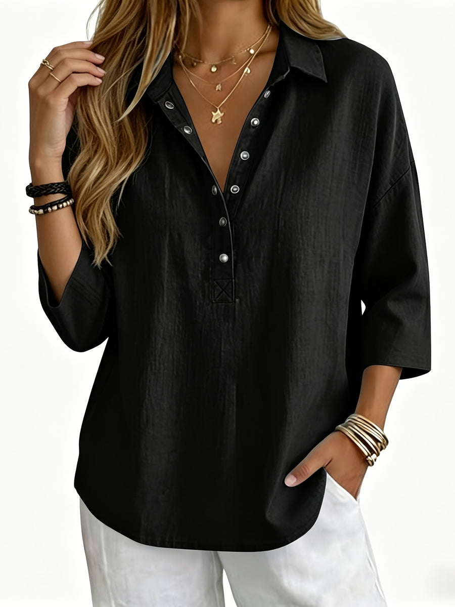 Women'S Elegant Comfortable 3/4 Sleeve Top, Fashionable Button-Up Basic Shirt, Loose Casual V-Neck Three-Quarter Sleeve T-Shirt - Black
