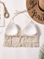 Bohemian National Style Hanging Neck Short with Halter and Chest Cup Openwork Embroidered Beach Holiday Blouse. - Apricot
