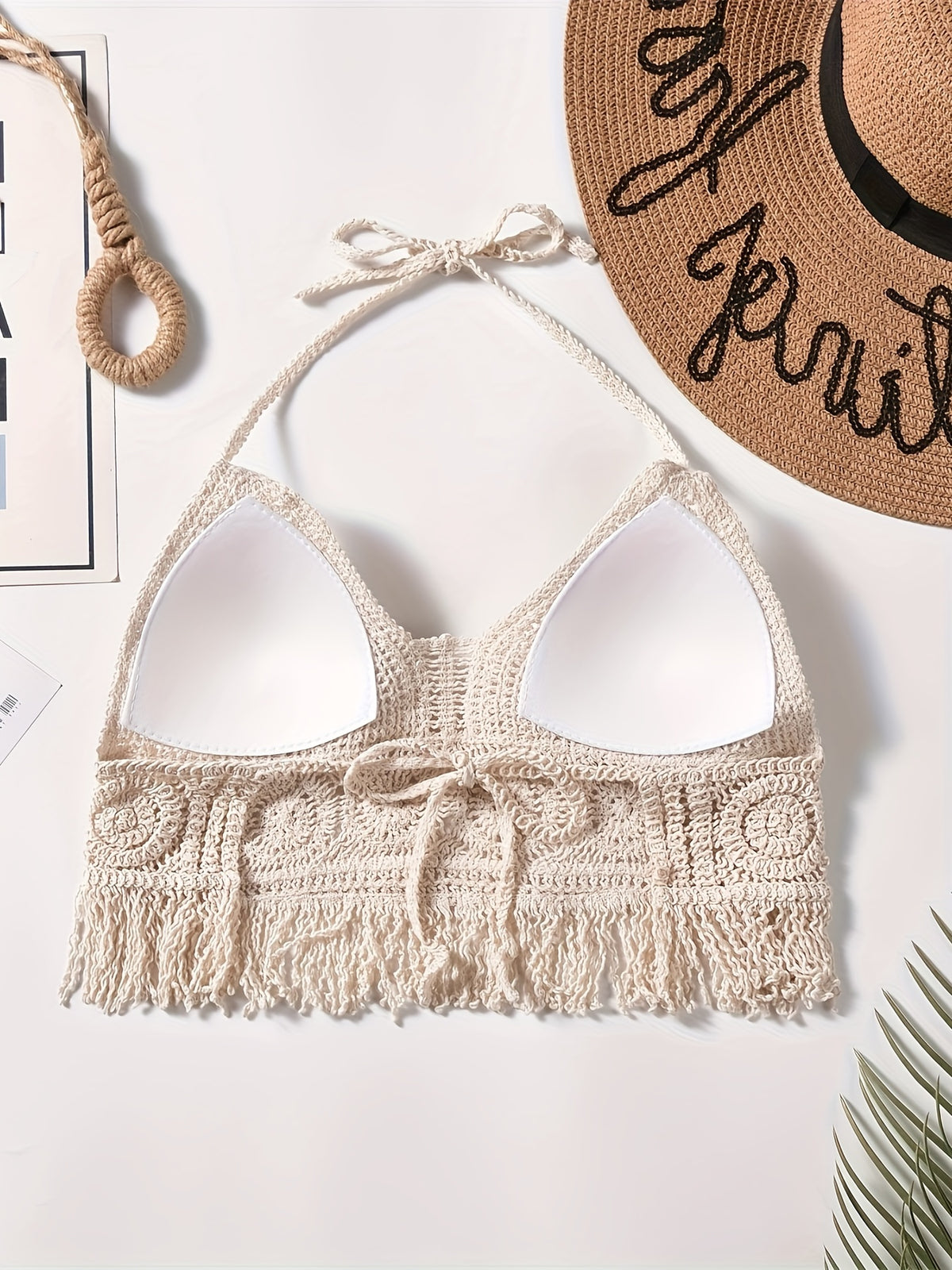 Bohemian National Style Hanging Neck Short with Halter and Chest Cup Openwork Embroidered Beach Holiday Blouse. - Apricot