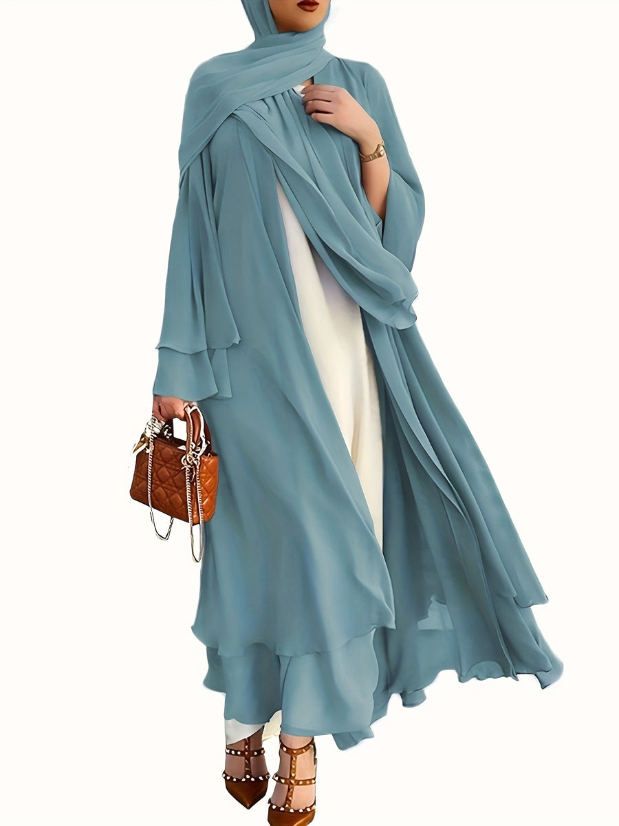 Ramadan Islamic Modest Dress Without Hijab, Long Sleeve Open Front Casual Modest Muslim Dress, Women's Clothing - Lake Blue