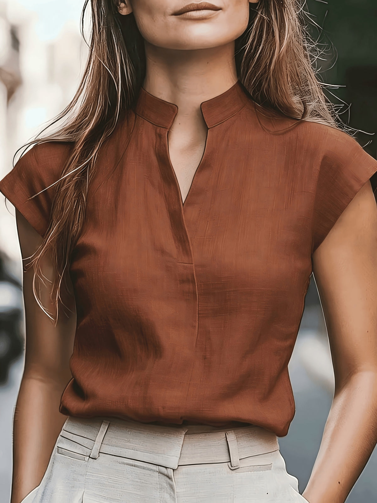 Stand-Up Collar Sleeveless Shirt Women'S Summer Commute V-Neck Top Temperament Office Blouse Women'S Summer Clothing - Rust