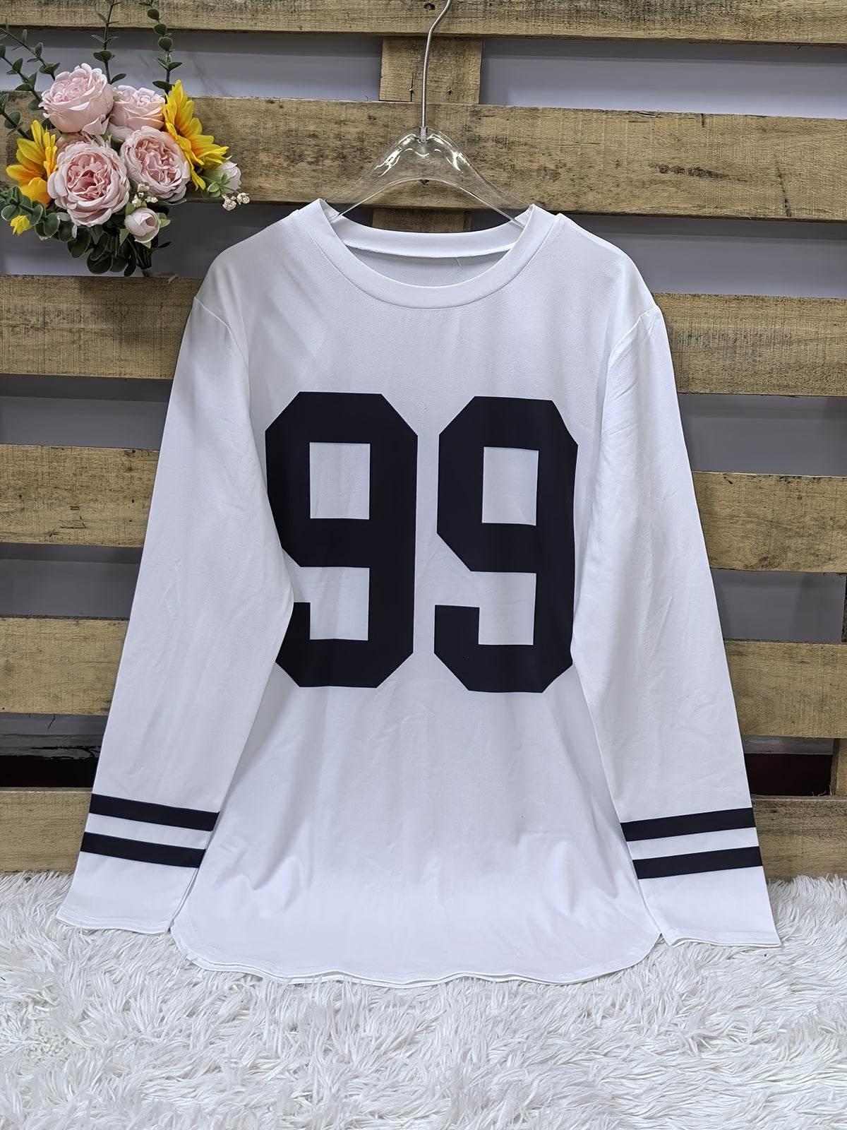 Women's Oversized '99' Number Print Blouse - Long Sleeve Casual Loose Fit SweeSuitable for Year-Round Wear, Machine Washable Comfy Tunic Top - White