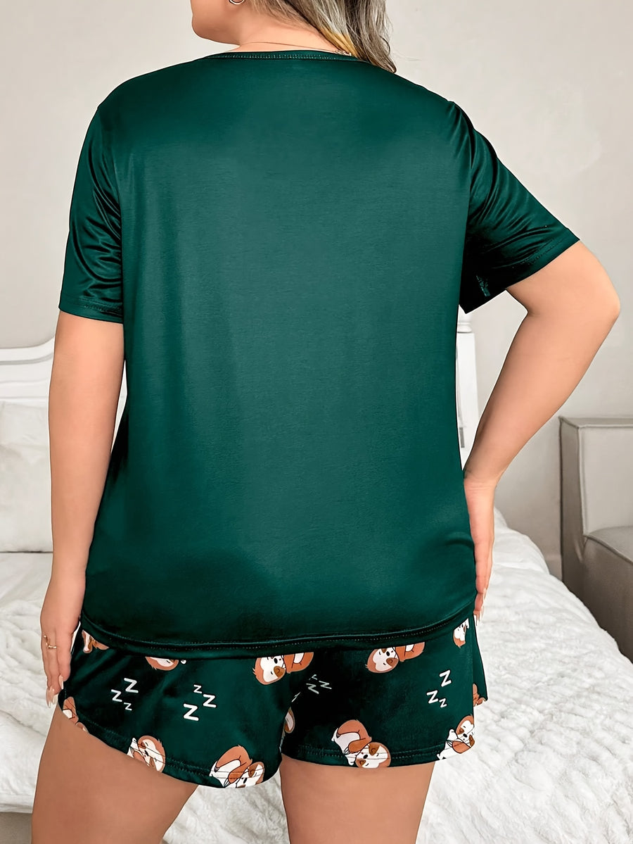 Women'S Plus Size Pajama Set, Cartoon Sloth Short Shorts, Short Sleeve Top, Home Wear Set, Plus Size, Spring And Summer Clothing - Dark Green