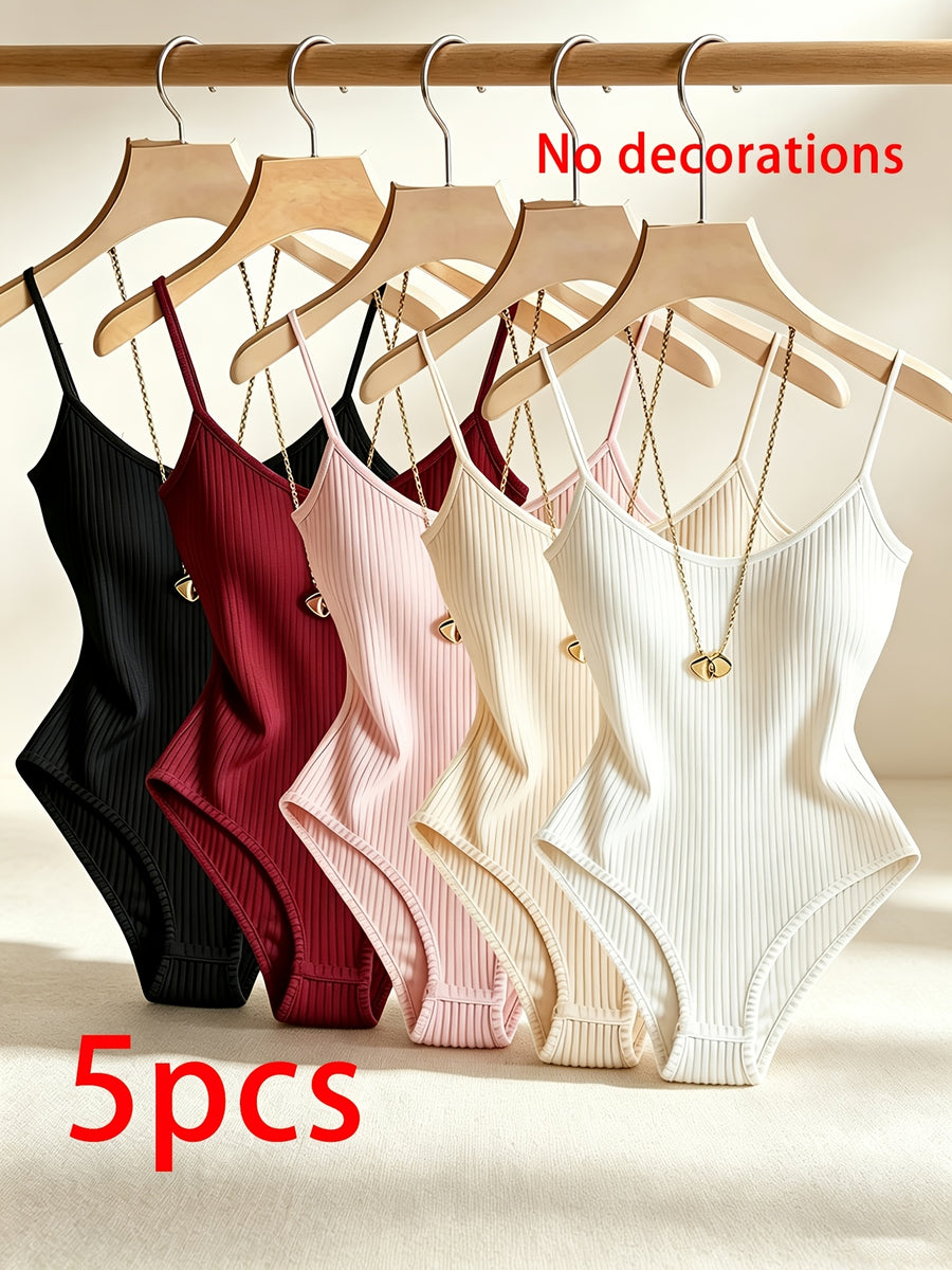 5pcs Solid Color Women'S Elegant Ribbed Jumpsuits, Brushed Ribbed Bodysuits, Camisole Backless Bodysuits, No Additions Included - Black+Red+Pink+Apricot+White