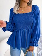2023 Spring/Summer European and American Casual Solid Color Square Neck Flared Sleeve Ruffle Hem Chiffon Blouse - Blue