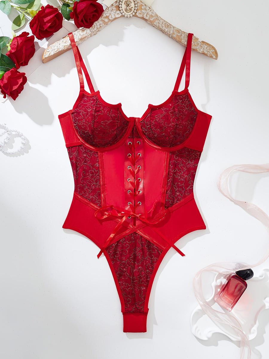 1pc Floral Jacquard PU Patchwork Bodysuit Top with Bow Tie Strap Detail, Sexy Backless Women's Bodysuit, Can Be Worn as a Sexy Camisole, Convenient Crotch Snap Button Underwire Support Bodysuit Top for Women, Suitable for All Seasons - Red