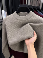 Autumn Winter Knit 3D Solid Round Neck Sweater, Basic Knit Pullover Top, Men'S Fashion Long Sleeve Sweater, Size All - Beige Color