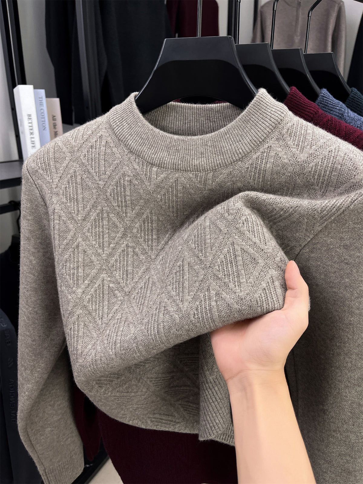 Autumn Winter Knit 3D Solid Round Neck Sweater, Basic Knit Pullover Top, Men'S Fashion Long Sleeve Sweater, Size All - Beige Color