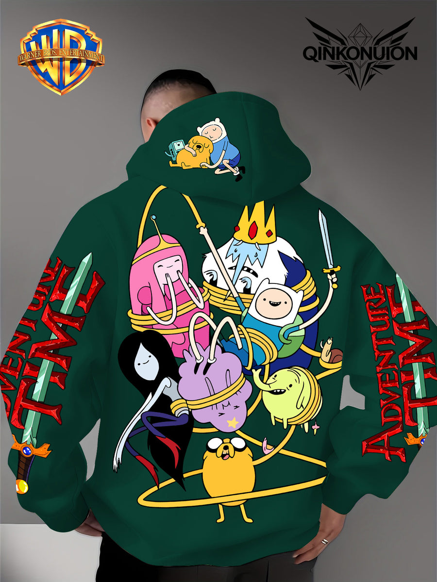 Warner Official Men's Hooded Sweatshirt, Adventure Treasure Rope Wrapped Character Group Cartoon Print Design, Machine Washable, Warm and Casual for Autumn and Winter, Daily Drawstring Hooded Sweatshirt, Multifunctional Sports and Casual Loose Fit - Green