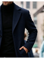 Men's Long Tweed Overcoat, European and American Style Suit Lapel Single-Breasted Slim Fit Blend Coat, Autumn/Winter Windproof and Warm Business Men's Wear, Multiple Colors Available, 100% Polyester - Navy Color