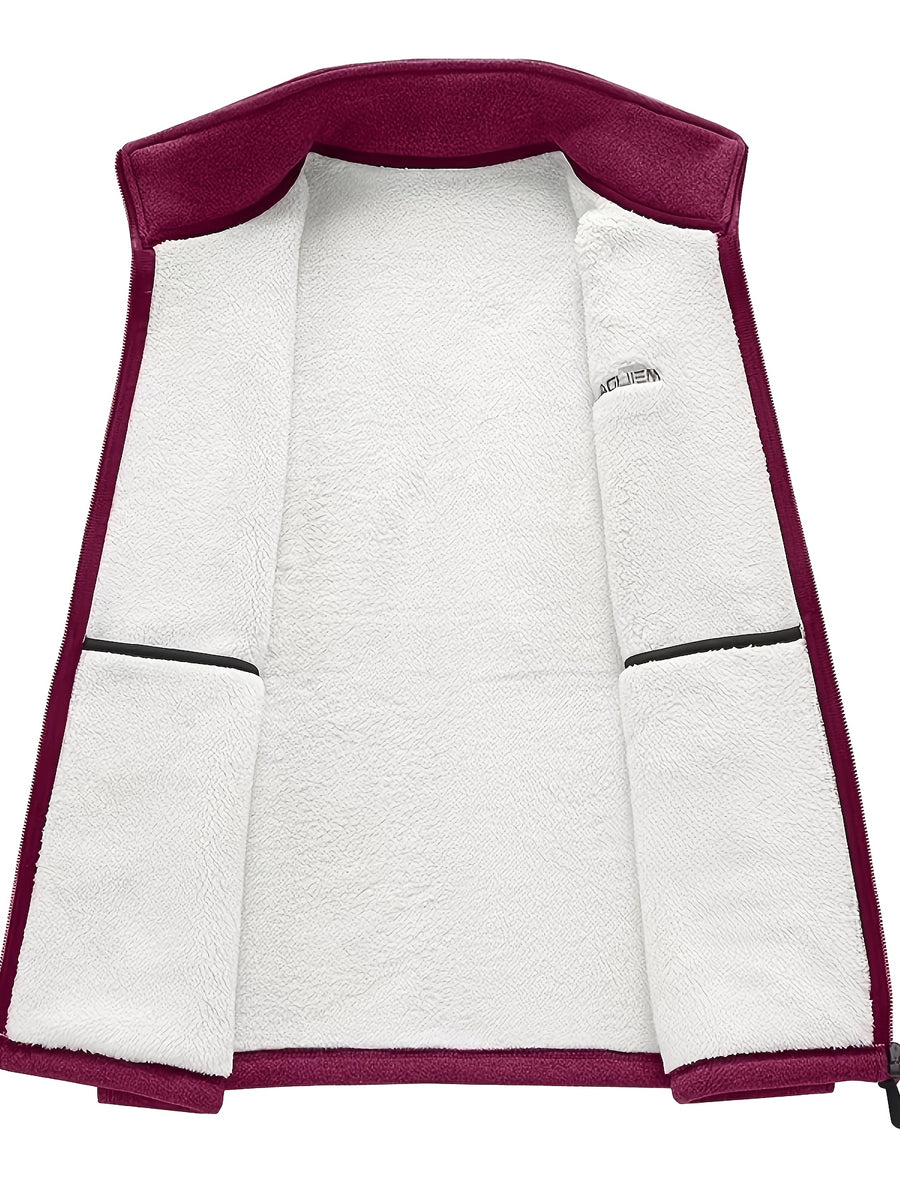 Men's Autumn Winter Casual Fleece-Lined Vest, Thickened Faux Blend Fleece Stand Collar Cardigan Vest for Outdoor and Home Wear, Warm Sleeveless Jacket Vest - Burgundy