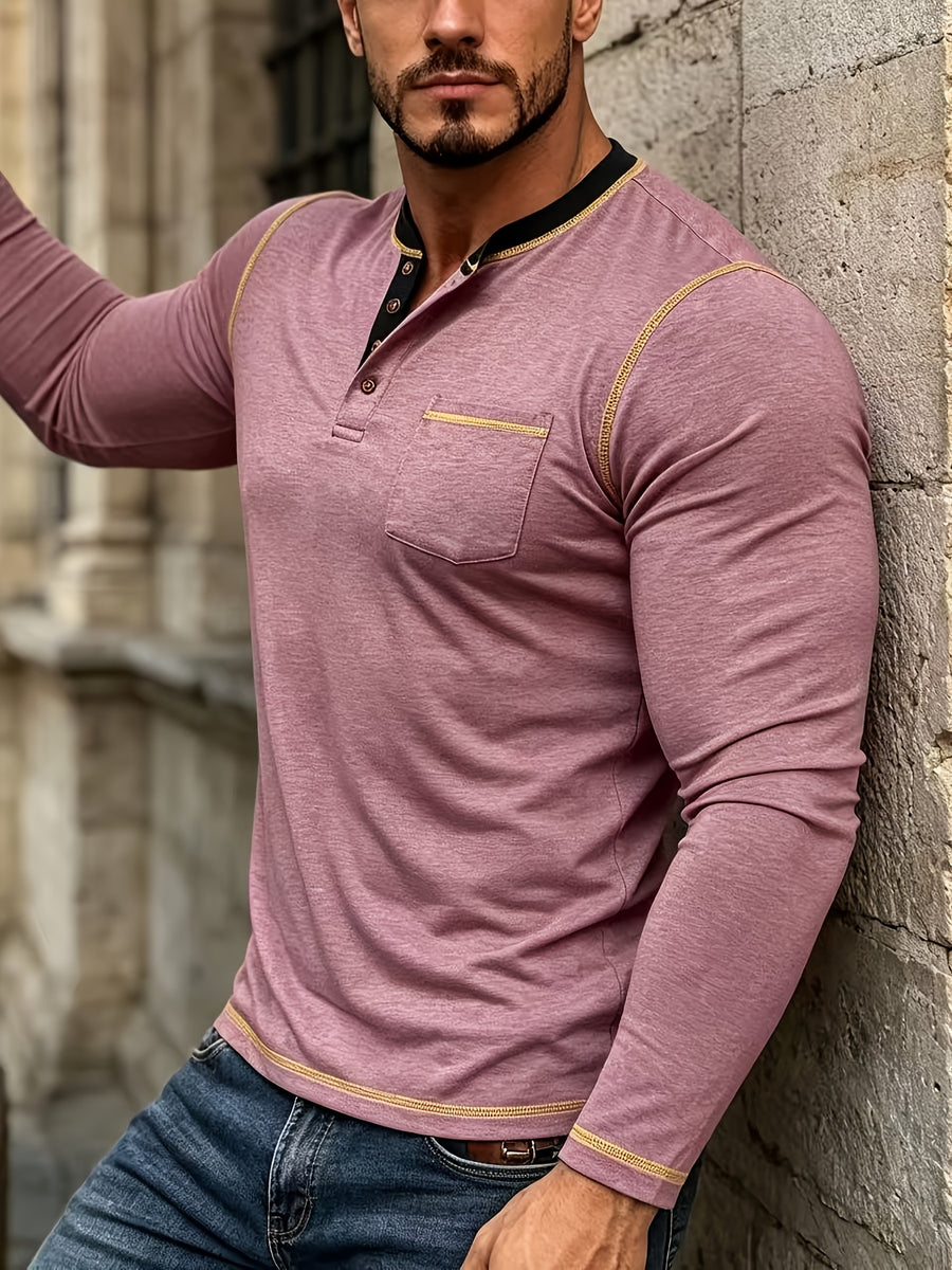 Autumn Casual Men'S Fashion Long Sleeve Henley Shirt T-Shirt Men'S Base Layer Shirt Round Neck Top - Burgundy