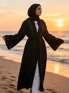 1pc Fashionable, Elegant And Casual, This Pearl-Studded Solid-Colored Abaya Cardigan Is Perfect for Everyday Wear. It Is Loose And Comfortable for Women. Muslim Women Clothes Abayas for Women Muslim Long Frocks for Women Jebba Tunisienne Femme - Black