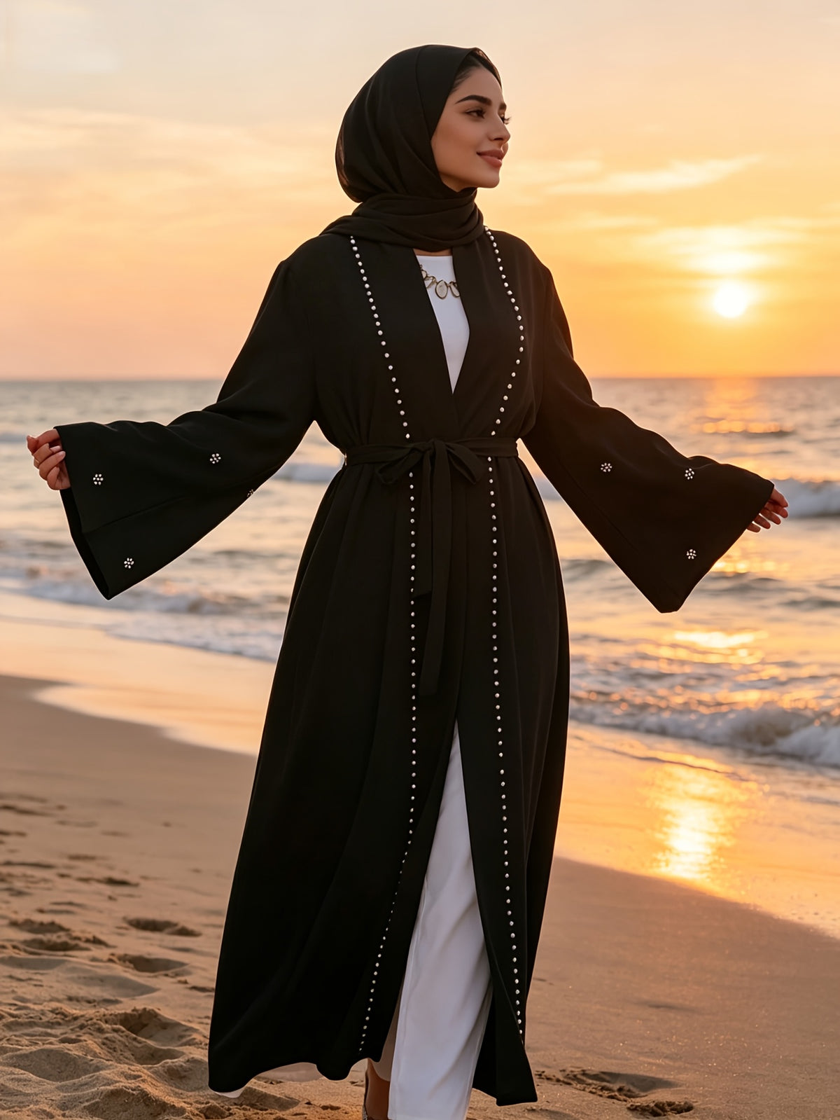 1pc Fashionable, Elegant And Casual, This Pearl-Studded Solid-Colored Abaya Cardigan Is Perfect for Everyday Wear. It Is Loose And Comfortable for Women. Muslim Women Clothes Abayas for Women Muslim Long Frocks for Women Jebba Tunisienne Femme - Black