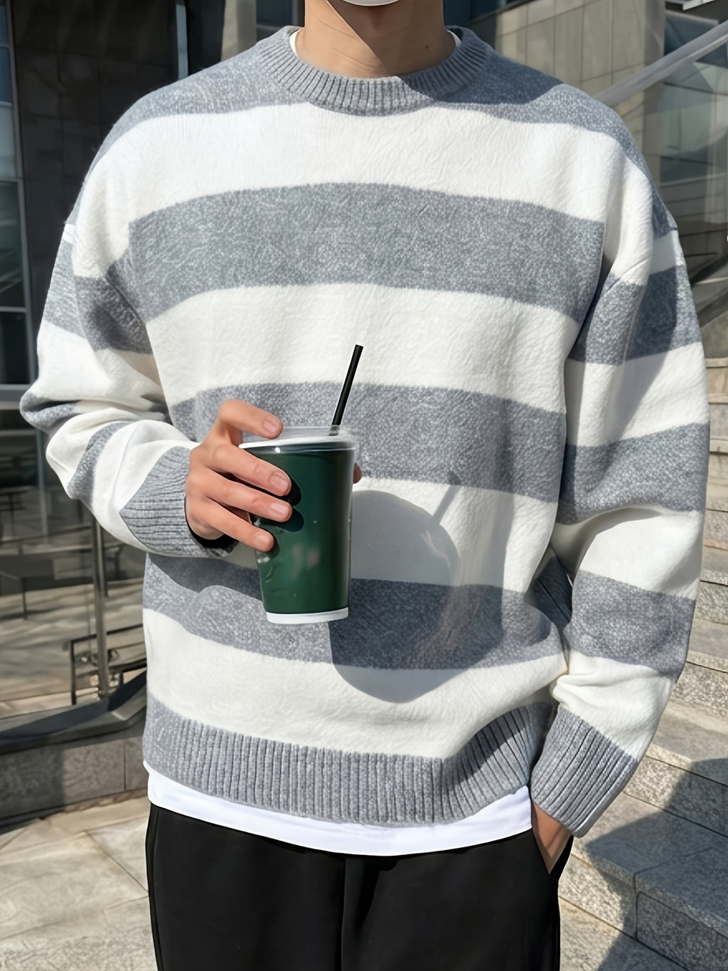 Men'S Classic Striped Round Neck Sweater, Casual Color-Block Long Sleeve Pullover, Loose Soft Warm Top, Retro Knitwear, Suitable for Autumn And Winter - Slate Grey