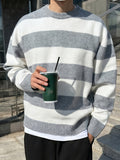 Men'S Classic Striped Round Neck Sweater, Casual Color-Block Long Sleeve Pullover, Loose Soft Warm Top, Retro Knitwear, Suitable for Autumn And Winter - Slate Grey
