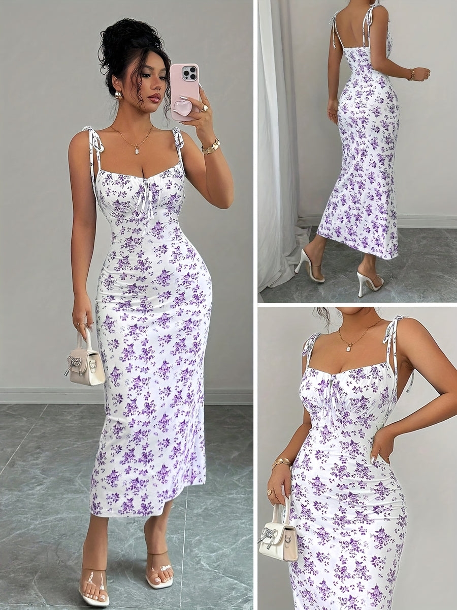 Elegant Floral Ruffled Strap Dress for Women - Mixed colors