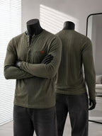 Men's Fashion Top, Autumn/Winter Outdoor Casual Textured Fabric Base Layer, Comfortable Crew Neck Single-Breasted Button Pocket Patchwork Long Sleeve Henley Shirt - Tactical Green