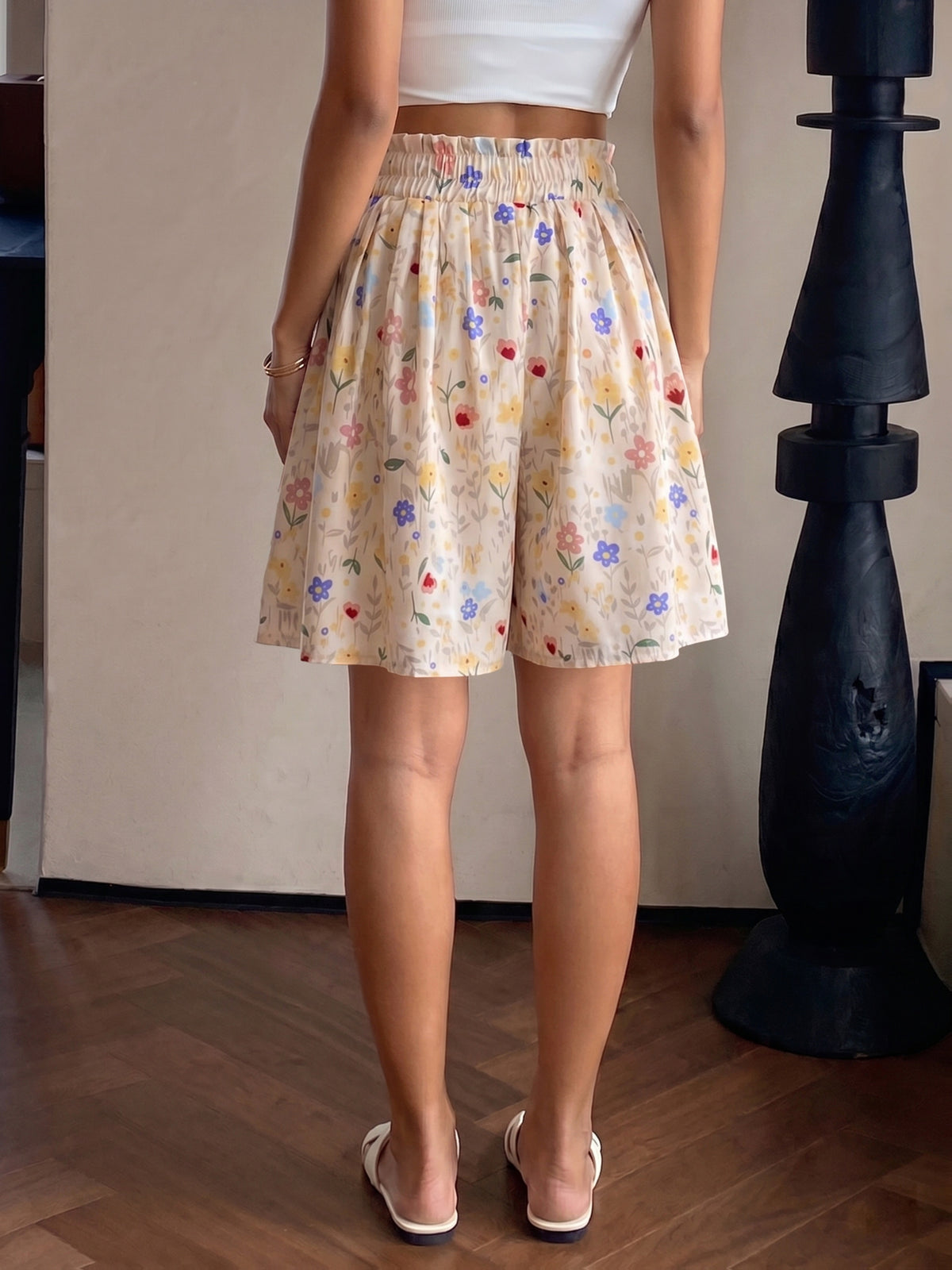 Women's High-Waist Shorts with Wildflower Print, Versatile Style, Casual Draped Loose Skort with Pleated Waistband, 2026 New Arrival, In Stock for Quick Shipping, Machine Washable - Apricot