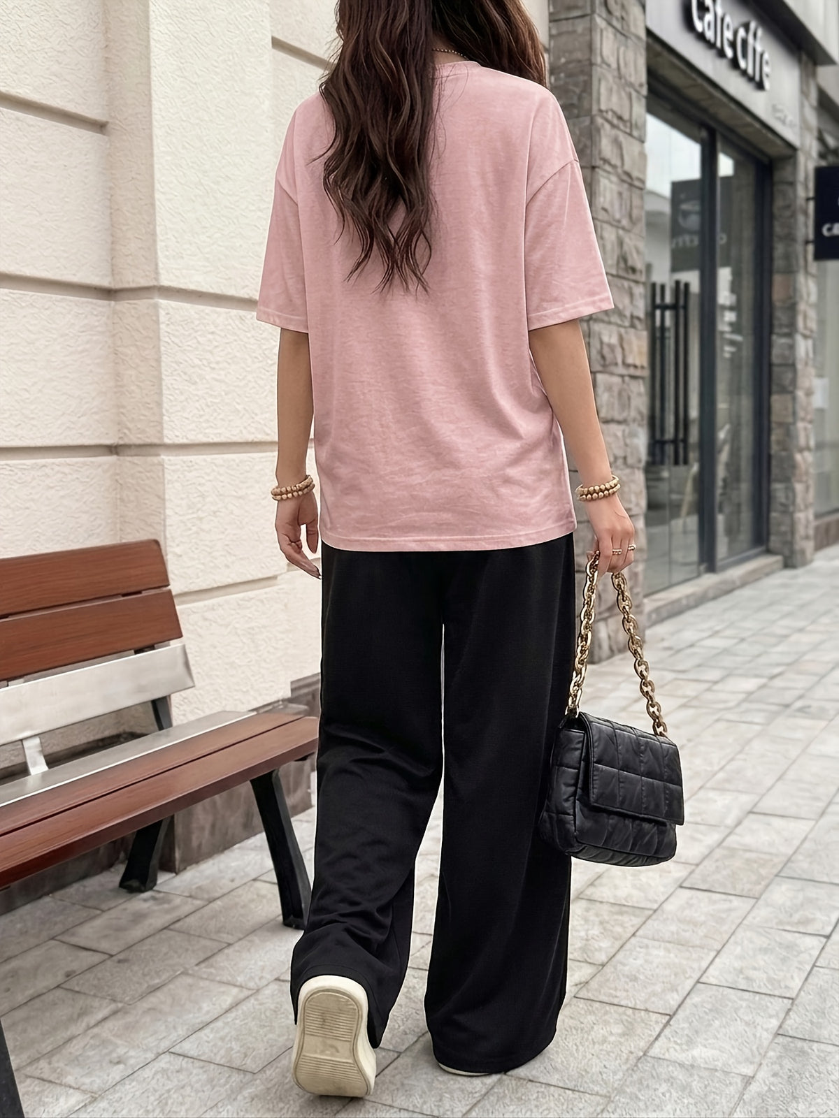 Women's Casual Streetwear Trend Los Angeles 98 Print Crew Neck Short Sleeve Top and Loose Drawstring Long Pants 2pcs Set, Women's Fashion Outfit, Suitable for Summer Streetwear - Pink+Black