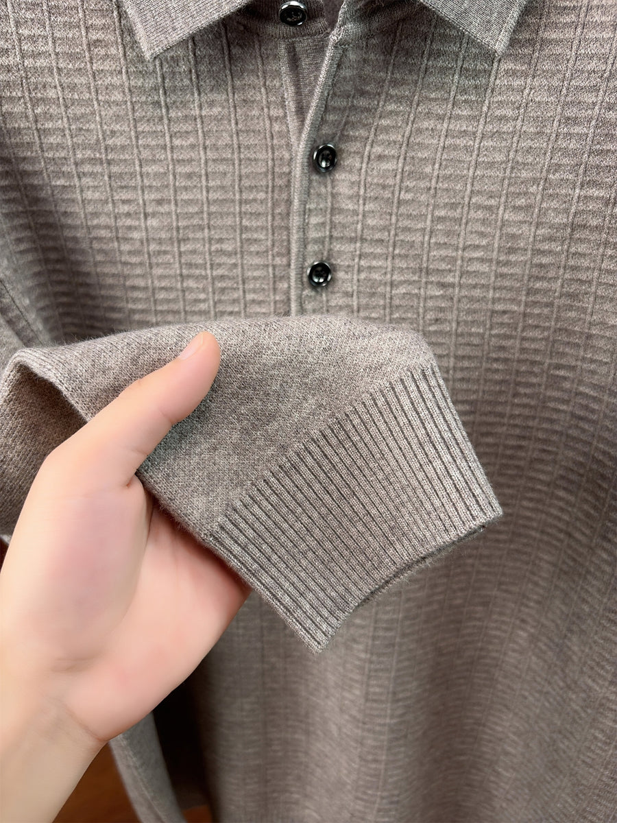 Autumn Winter Knit 3D Solid Color Lapel Sweater, Basic Knit Pullover Top for Men, Fashionable Long Sleeve Sweater HJ - Medium Gray