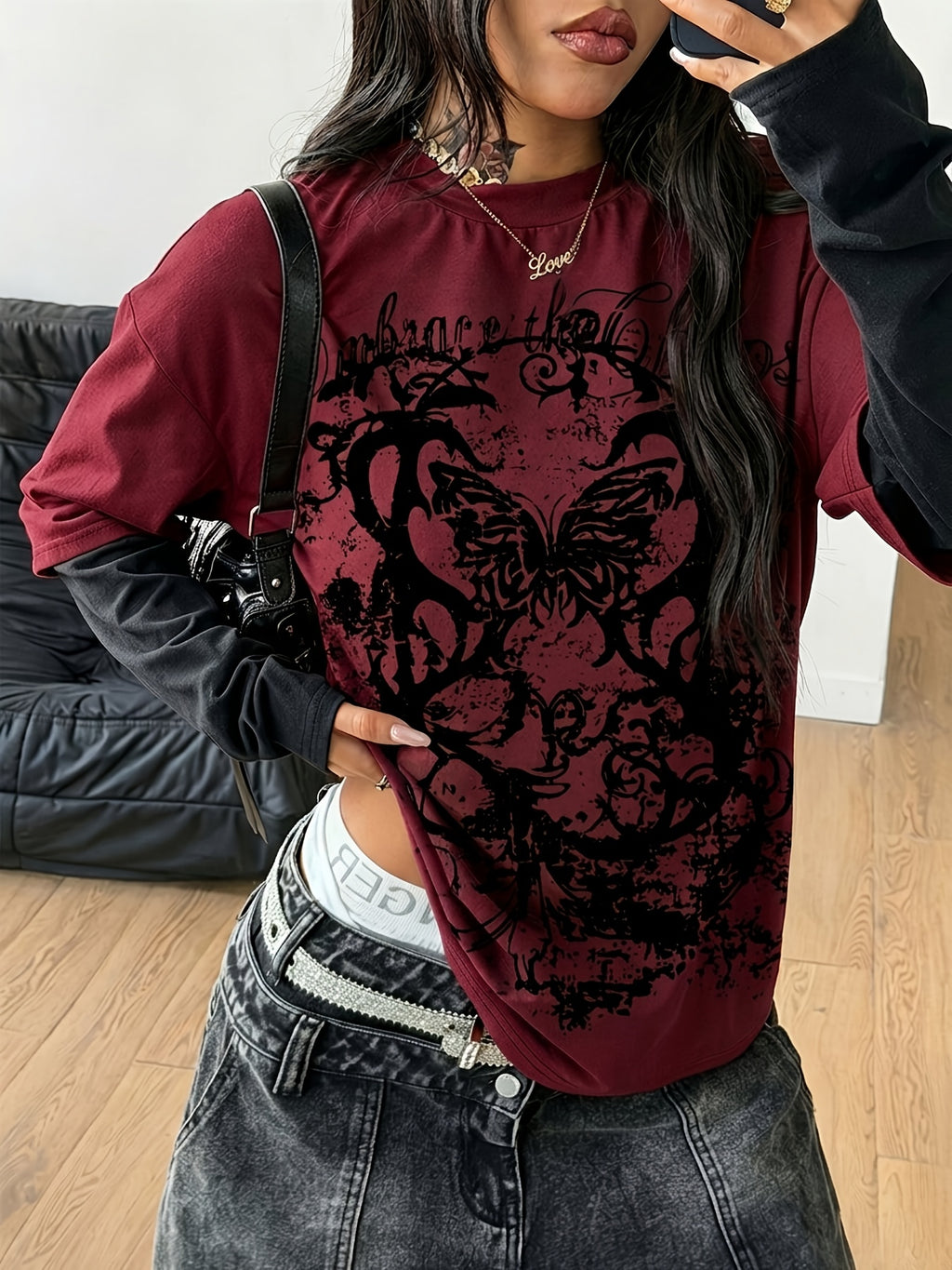 Women'S Spring Autumn Casual Printed Patchwork Loose Round Neck Long Sleeve - Burgundy