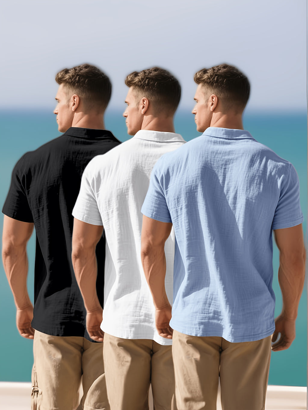 3pcs Men's Linen Shirts, Summer Lightweight Breathable Short Sleeve Sport Outdoor Solid Color Simple Style Casual Shirts - Black, White, Blue