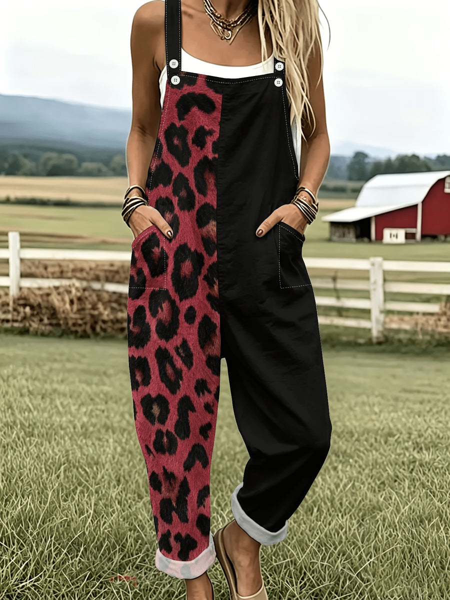 Retro-Style Sexy Overalls with Half Leopard Print And Half Black Patchwork Design, Women'S Wide-Leg Jumpsuit with Fold-Up Cuffs And Pockets, Perfect for Everyday Wear, Outings, And Workwear - Black And Red Stitching