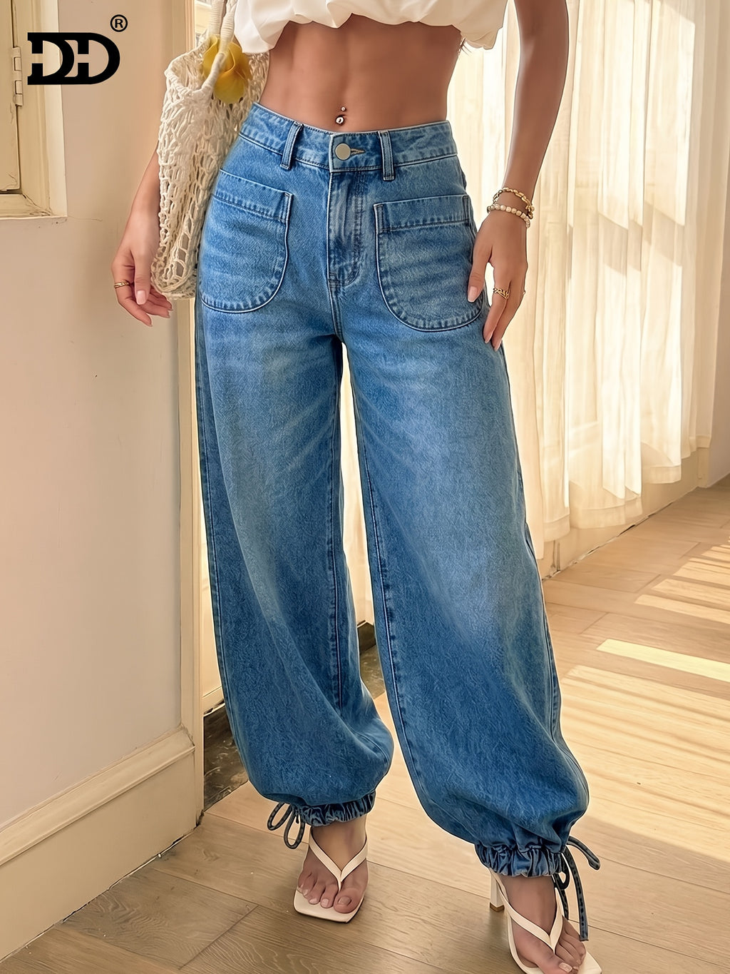 DD Women'S 2026 New Washed Blue Denim Fabric Relaxed Cropped Jeans, Elastic Back Waist, Loose Straight Leg with Drawstring Hem Ankle Rope Pants, Street Style, Mid-Rise Tummy Control Boyfriend Wide-Leg Trousers, Suitable for Travel, Party, And Office - Medium Blue