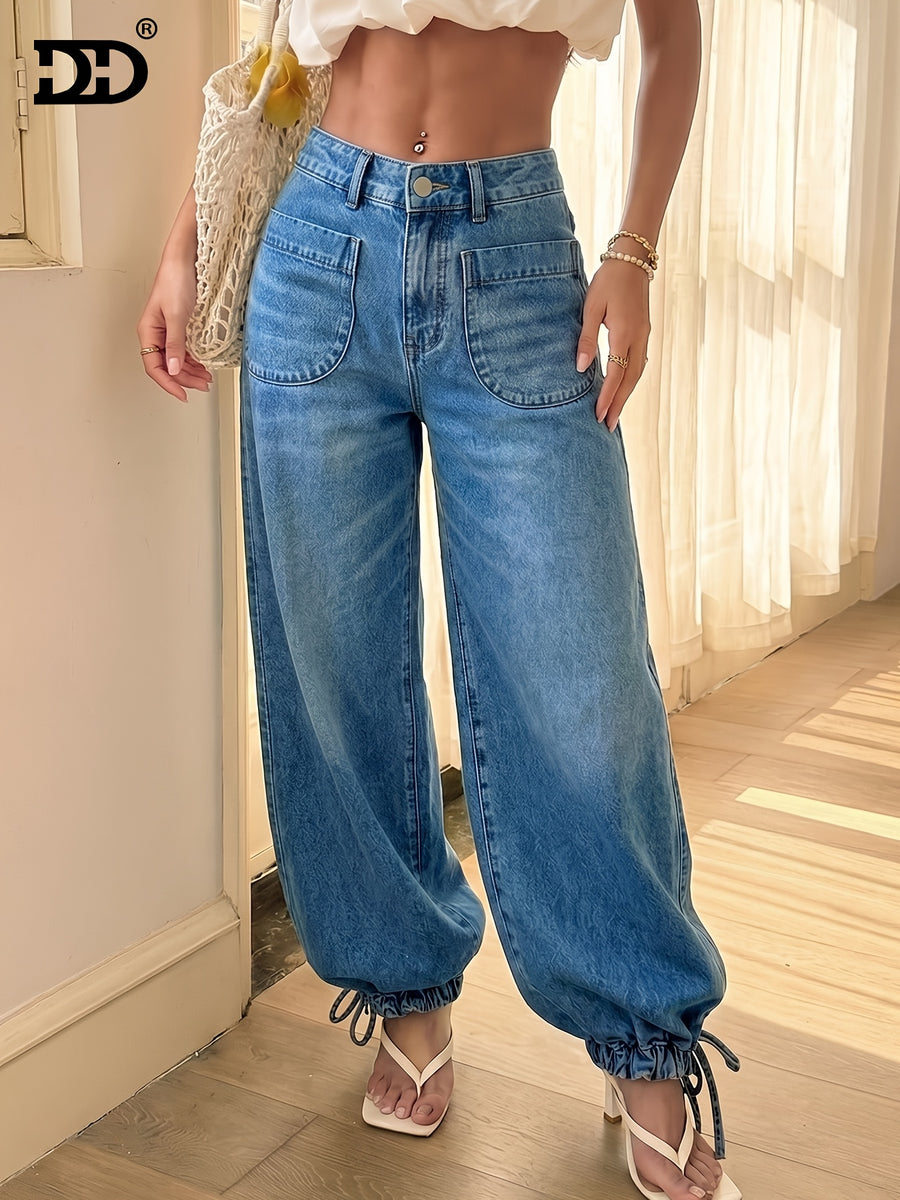DD Women'S 2026 New Washed Blue Denim Fabric Relaxed Cropped Jeans, Elastic Back Waist, Loose Straight Leg with Drawstring Hem Ankle Rope Pants, Street Style, Mid-Rise Tummy Control Boyfriend Wide-Leg Trousers, Suitable for Travel, Party, And Office - Medium Blue