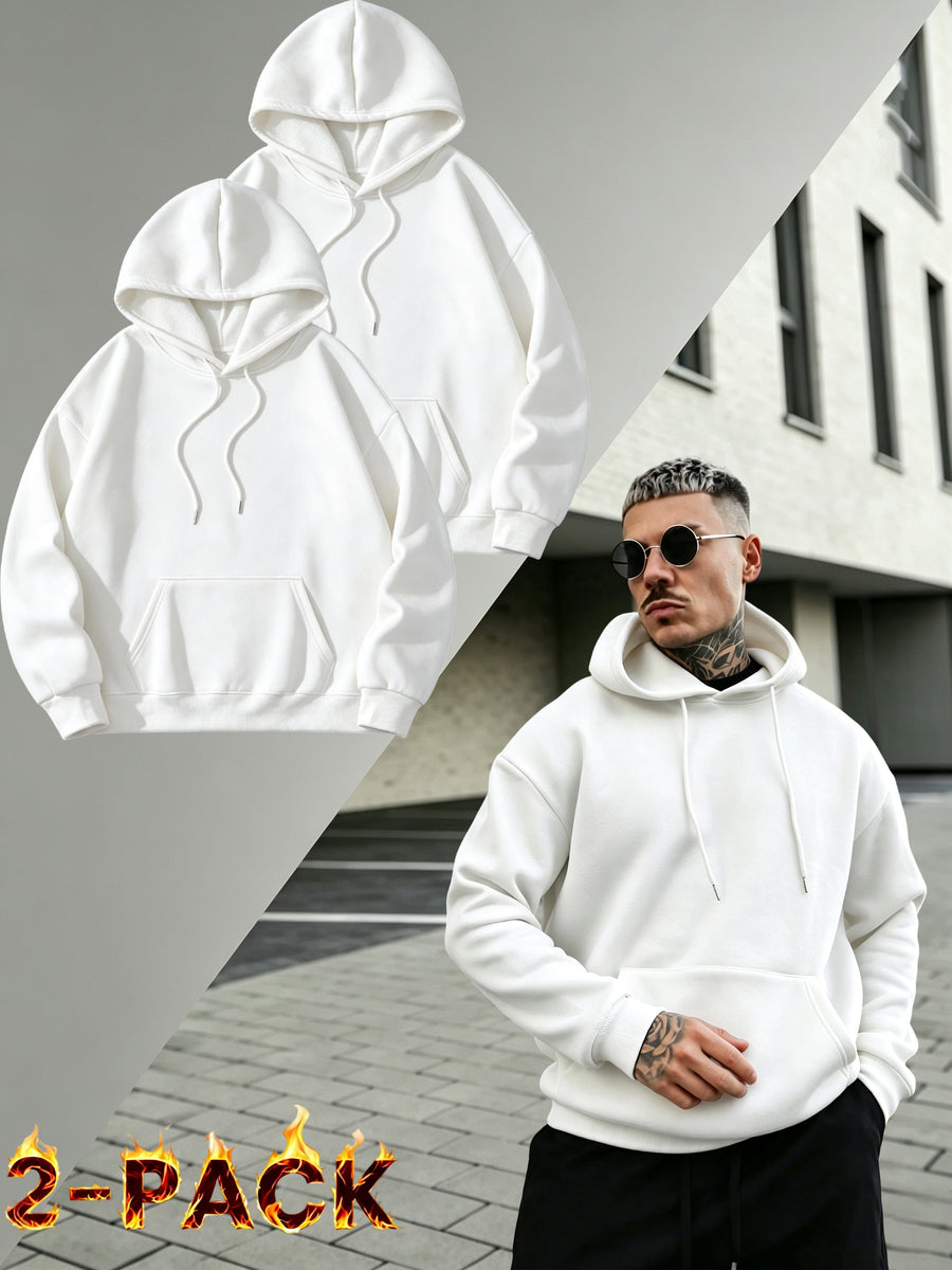 2PIECESMen's Solid Color Drop-shoulder Long-sleeve Drawstring Pocket Casual Outdoor Street Fashion Hoodie, Suitable for Autumn and Winter, Back-to-school Season - White
