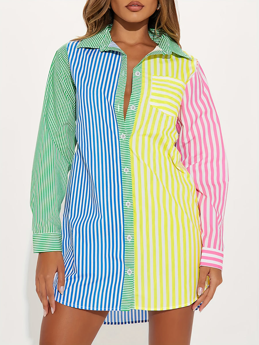 Women's Patchwork Print Striped Shirt - Multicolor