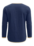Men's Retro Color-Block Cotton And Linen Blend Button-Up Henley Long Sleeve Polo Shirt, 2pcs. Breathable & Relaxed Fit. Casual Outdoor, Work & Party Wear. Versatile Spring/Fall/Autumn Layering Essential - Army Green+Navy Blue