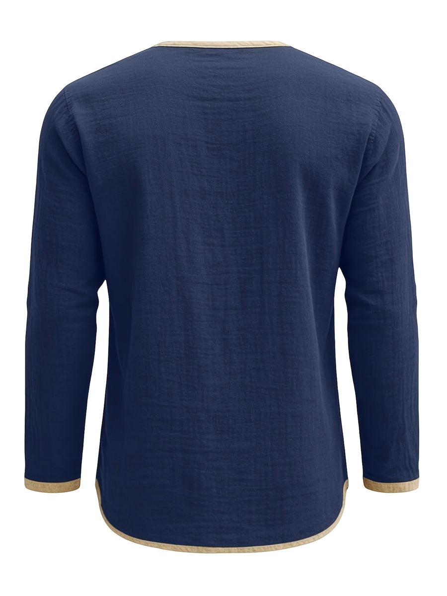 Men's Retro Color-Block Cotton And Linen Blend Button-Up Henley Long Sleeve Polo Shirt, 2pcs. Breathable & Relaxed Fit. Casual Outdoor, Work & Party Wear. Versatile Spring/Fall/Autumn Layering Essential - Army Green+Navy Blue