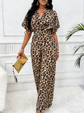 Women'S Leopard Print Batwing Sleeve Jumpsuit | Elegant V-Neck, Suitable For Spring/Summer/Fall - Leopard 1