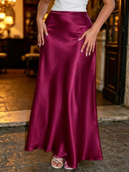 French-Style Elegant Satin Midi Skirt, Flowy A-Line Flared Skirt, Mature-Chic High-End Gown - Burgundy