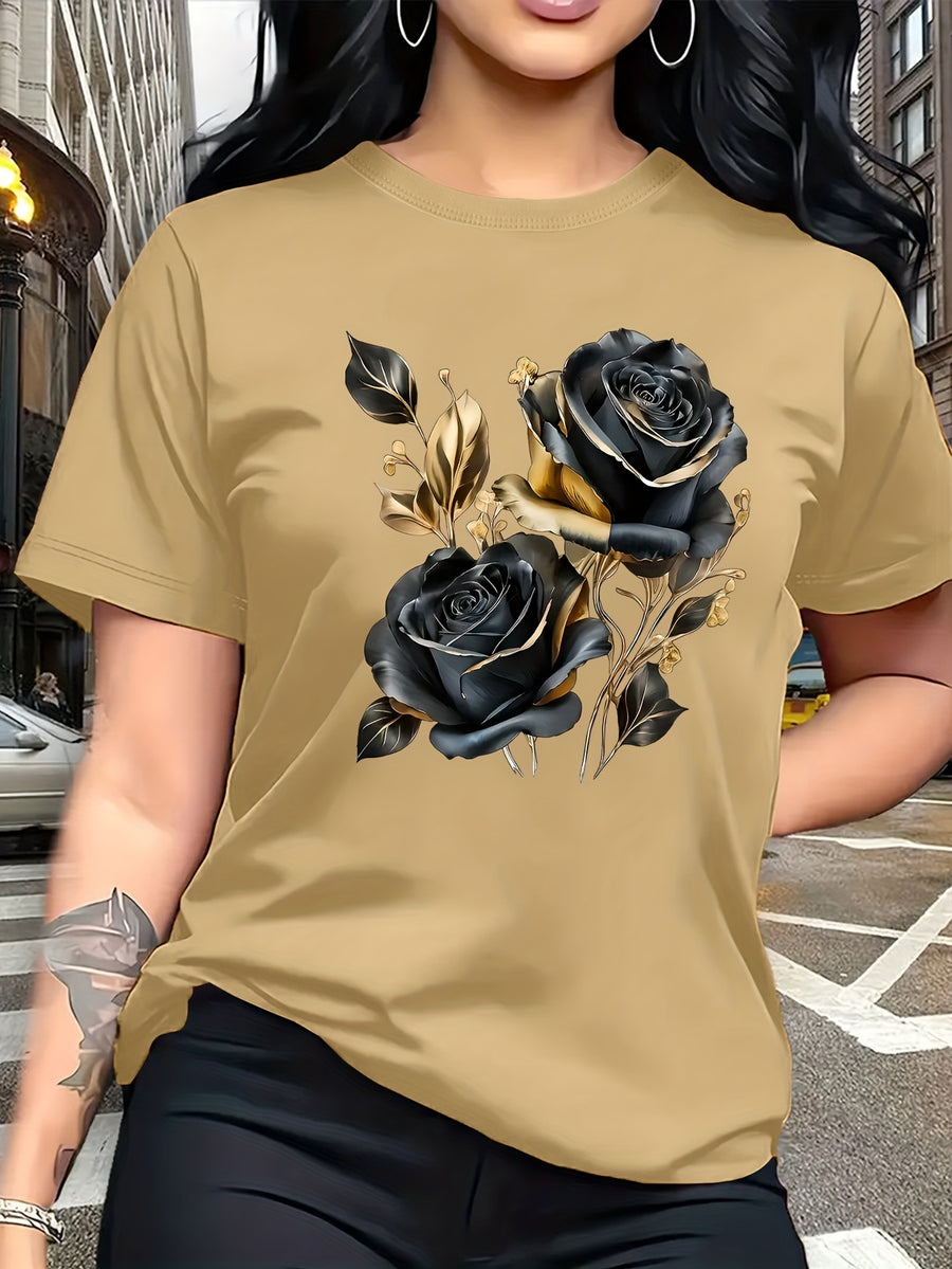 A Stylish And Breathable T-Shirt Featuring a Luxurious Vintage Design with a Black And Golden Rose Pattern, Perfect for Family Trips, Campus Events, Casual, Daily Commutes, Matching Outfits for Sisters, And Versatile Wear - Khaki