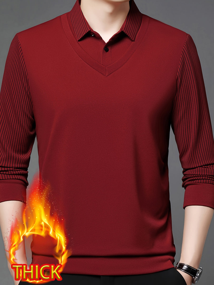 Autumn/Winter Men's 2-in-1 Look Shirt Collar Top with Striped Sleeves, Thick and Warm, Well-Fitted Cut, Versatile Pullover for Commuting - Red