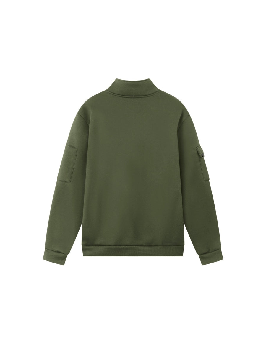 2026 Autumn/Winter New Men's Stand Collar Half-Zip Sweatshirt, Distressed Print, Workwear Style Multi-Pocket Design, Wear-Resistant and Wrinkle-Resistant Fabric, Sleek Cut Without Bulk, Combining Workwear Practicality with Casual Attire Adaptability - Military green1