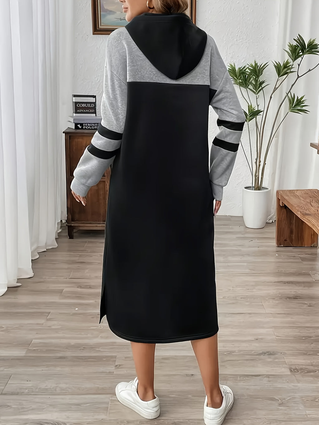 Women'S Elegant Color-Block Patchwork Hooded Long Sleeve Dress - Multicolor A