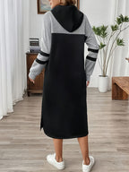 Women'S Elegant Color-Block Patchwork Hooded Long Sleeve Dress - Multicolor A
