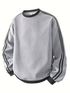 American Vintage Striped Crewneck Sweatshirt for Men, Long Sleeve Base Layer Top for Spring and Autumn - Light Hemp Grey