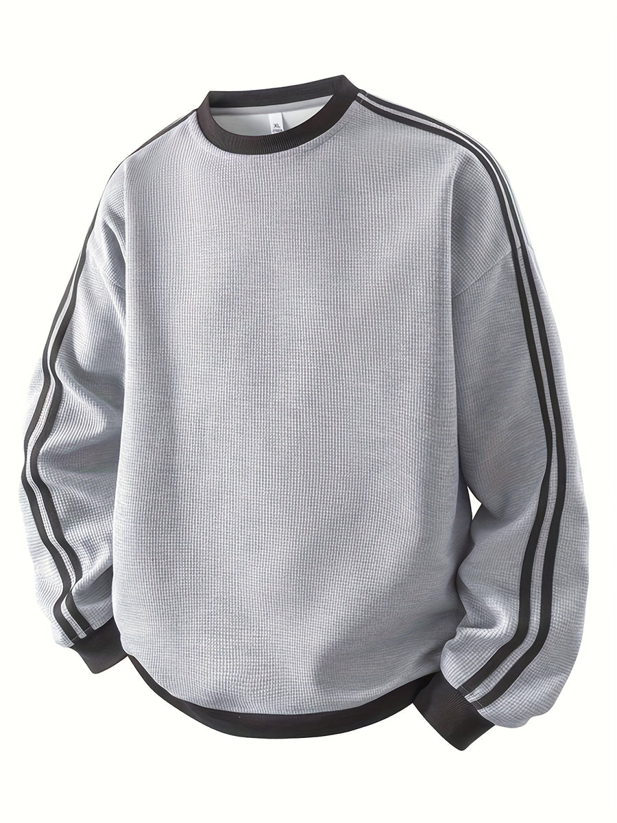 American Vintage Striped Crewneck Sweatshirt for Men, Long Sleeve Base Layer Top for Spring and Autumn - Light Hemp Grey