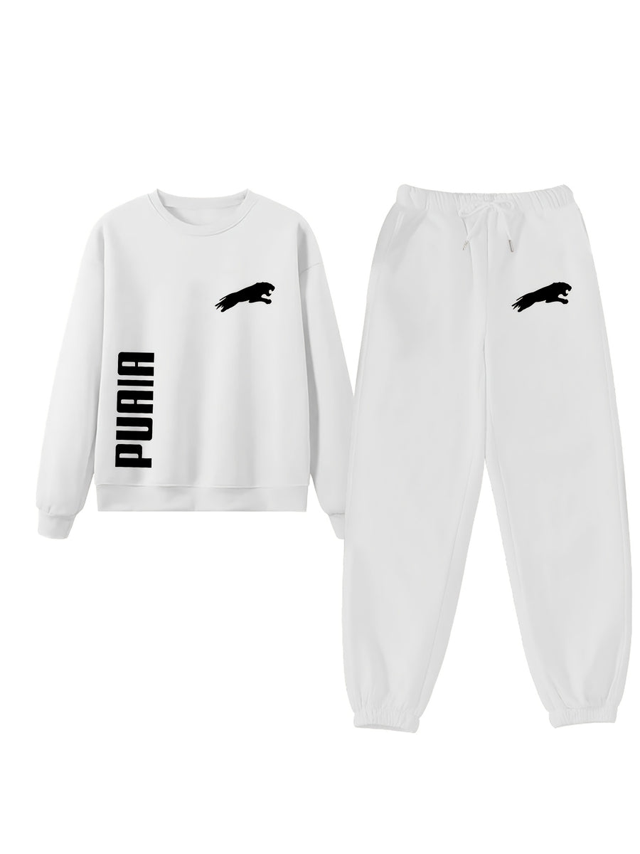PUAIA Logo, Autumn/Winter Long Sleeve And Pants 2pcs Set, Sweatshirt Ankle-Cinching Trousers Easy Casual Home Commute Women'S Clothing! - White